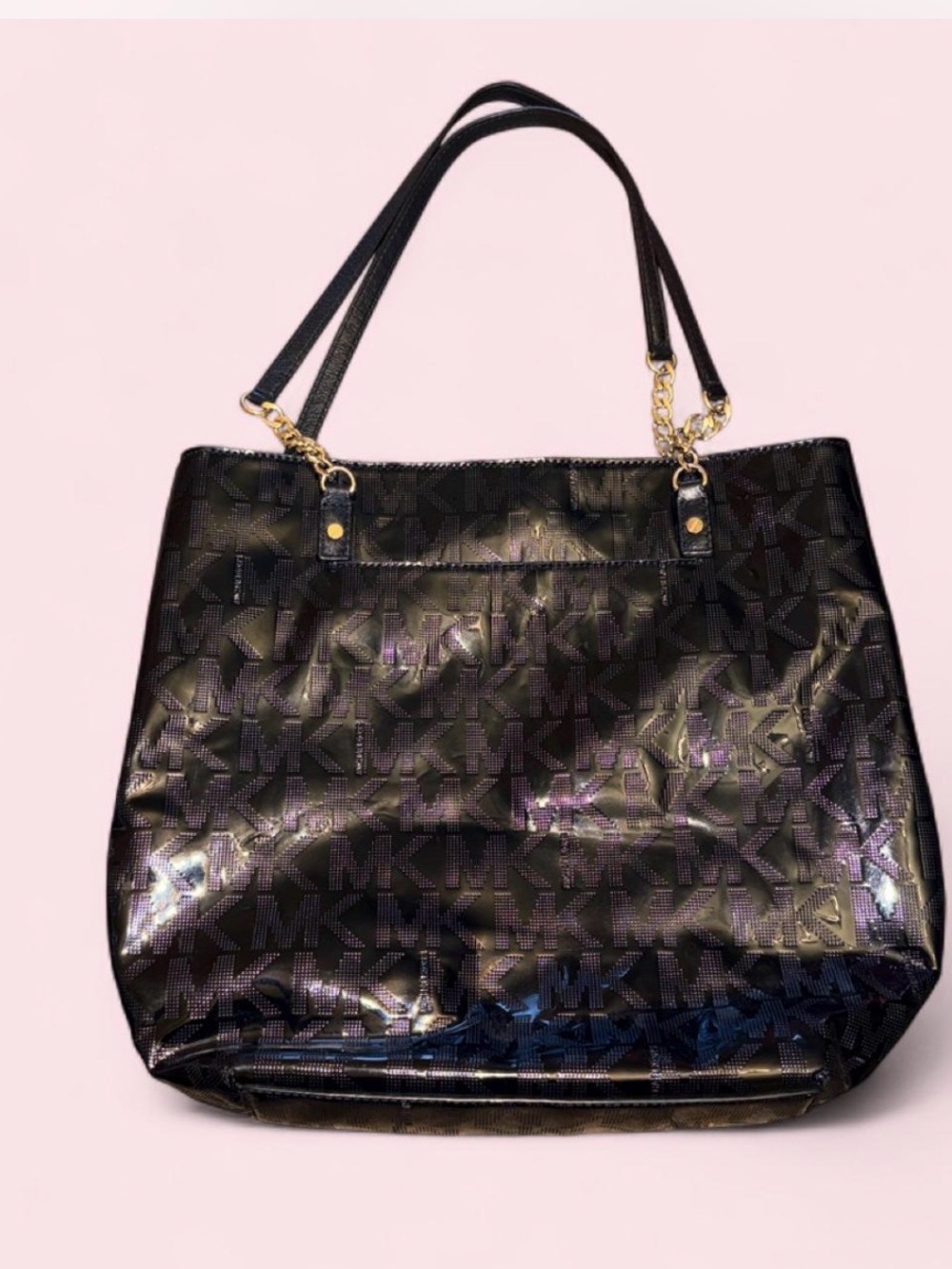 Michael Kors Black Patent MK Logo Tote with Gold Chain Accents - Picture 3 of 6